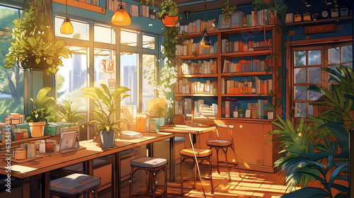 Happy Colorful book shop and cafe good vibe, Lofi anime style cute relaxing vibe