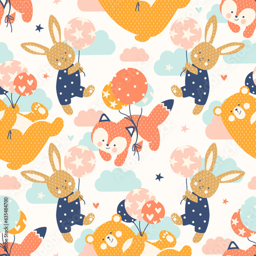 Seamless pattern with funny animals flying on balloons. Cute baby friends. Cheerful hand drawn tile printable background, wrapping paper, fabric, kids bedroom decoration.