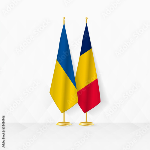 Ukraine and Chad flags on flag stand, illustration for diplomacy and other meeting between Ukraine and Chad.
