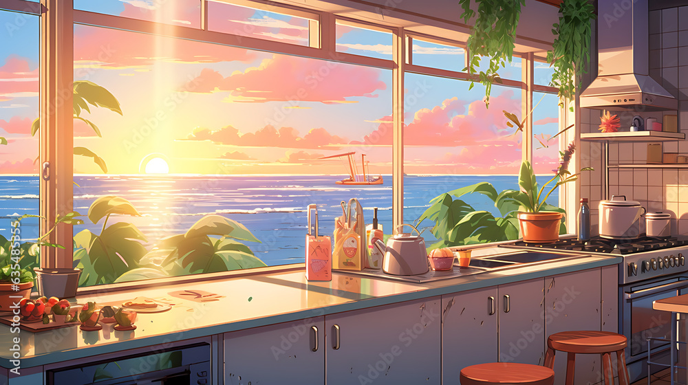 view of the ocean with sunrise from a window kitchen Colorful Lofi anime style cute relaxing happy vibe