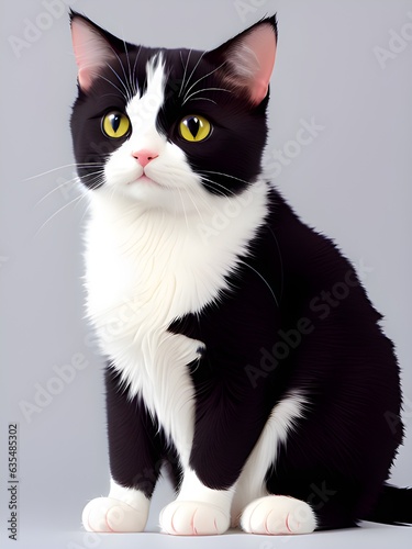 black and white cat on white background