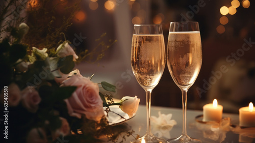 Two champagne glasses for romantic celebration at high fashion dining.