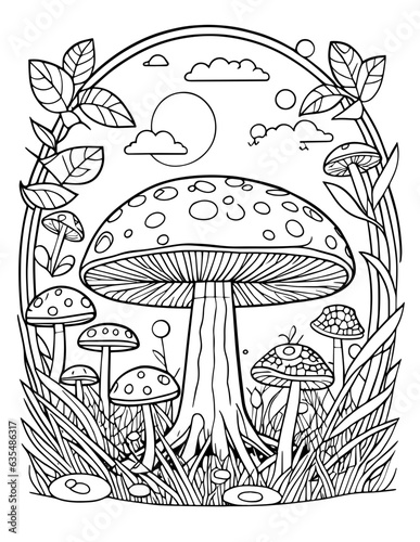 mushrooms in the forest coloring pages for adults and kids