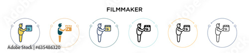 Filmmaker icon in filled, thin line, outline and stroke style. Vector illustration of two colored and black filmmaker vector icons designs can be used for mobile, ui, web