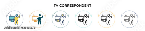 Tv correspondent icon in filled, thin line, outline and stroke style. Vector illustration of two colored and black tv correspondent vector icons designs can be used for mobile, ui, web