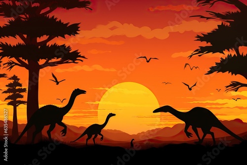 Silhouette of dinosaurs in the sunset. © artem