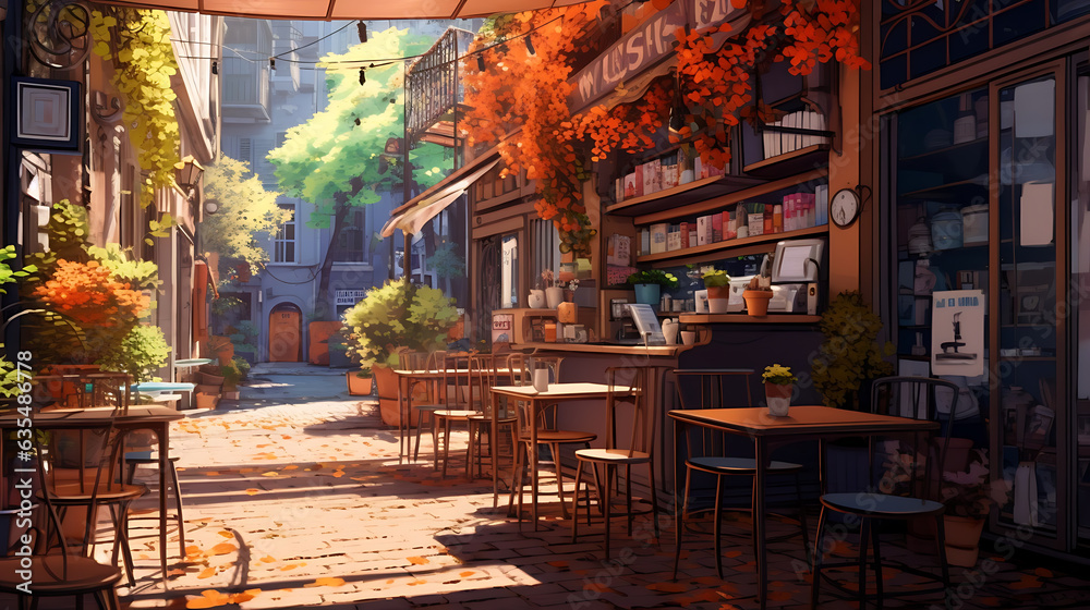 outdoor restaurant and cafe on a city street with autumn leaves Colorful Lofi anime style cute relaxing happy vibe