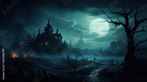 Halloween Theme Background: Spooky Mansion Illuminated by the Moon and Shadowy Trees with Fog-Covered Path Generative AI