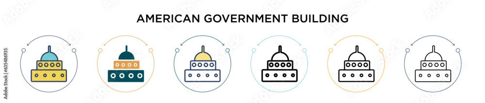 American government building icon in filled, thin line, outline and stroke style. Vector illustration of two colored and black american government building vector icons designs can be used for mobile,