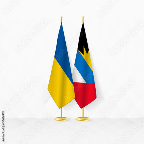 Ukraine and Antigua and Barbuda flags on flag stand, illustration for diplomacy and other meeting between Ukraine and Antigua and Barbuda.
