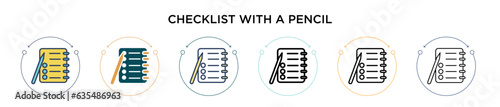 Checklist with a pencil icon in filled, thin line, outline and stroke style. Vector illustration of two colored and black checklist with a pencil vector icons designs can be used for mobile, ui, web