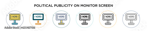 Political publicity on monitor screen icon in filled, thin line, outline and stroke style. Vector illustration of two colored and black political publicity on monitor screen vector icons designs can