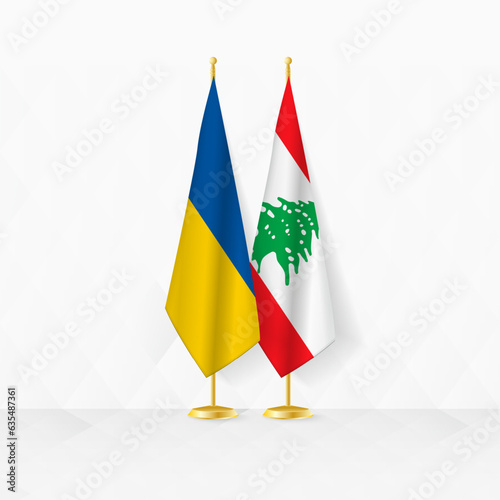 Ukraine and Lebanon flags on flag stand, illustration for diplomacy and other meeting between Ukraine and Lebanon.