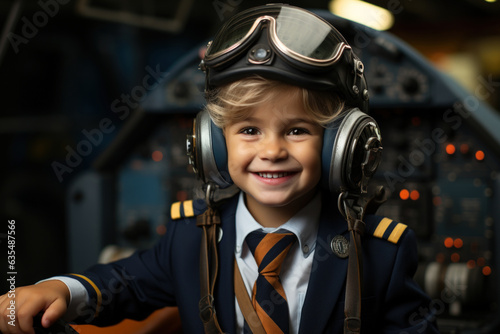 Dream job of airplane captain kid background. Generative ai. © tonktiti