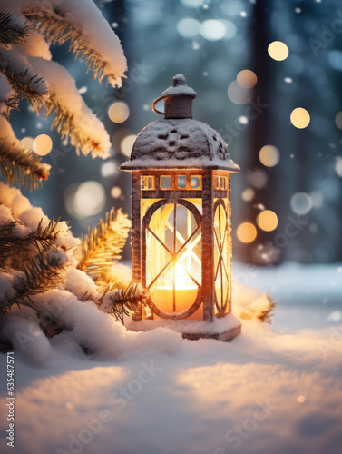 Old christmas candle lantern in snow against blurred forest background. Selective focus and shallow depth of field.
