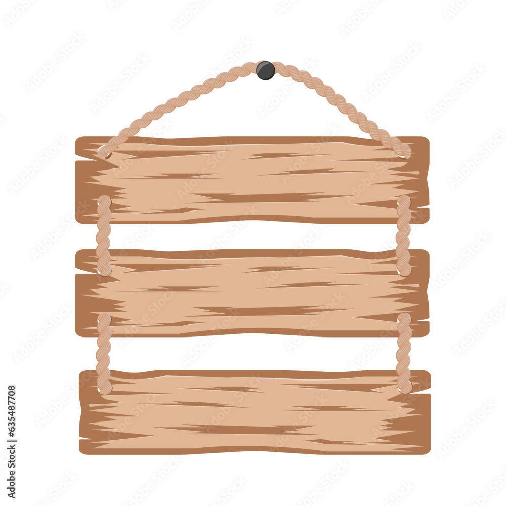 Wooden signboard. Rough board, rustic board, sign board hanging on ropes, banner templates. The concept of signposts and billboards. Vector illustration Wooden signboard. Rough board, rustic board, sign board hanging on ropes, banner templates. The concept of signposts and billboards. Vector illustration