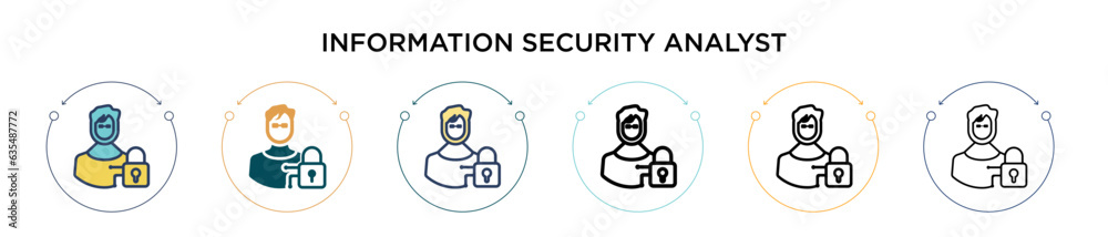 Information security analyst icon in filled, thin line, outline and stroke style. Vector illustration of two colored and black information security analyst vector icons designs can be used for mobile,