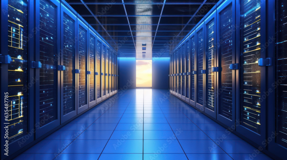 Modern Data Center room With Server Racks, Blue and Yellow neon colors, Technology Background. Modern Data Center room With Server Racks, Blue and Yellow neon colors, Technology Background.
