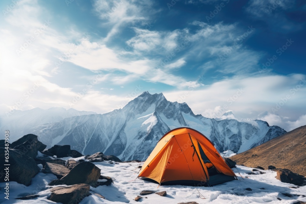 Orange travel  tent at dawn in the mountains, hiking topic. Winter adventures. Ski resort 