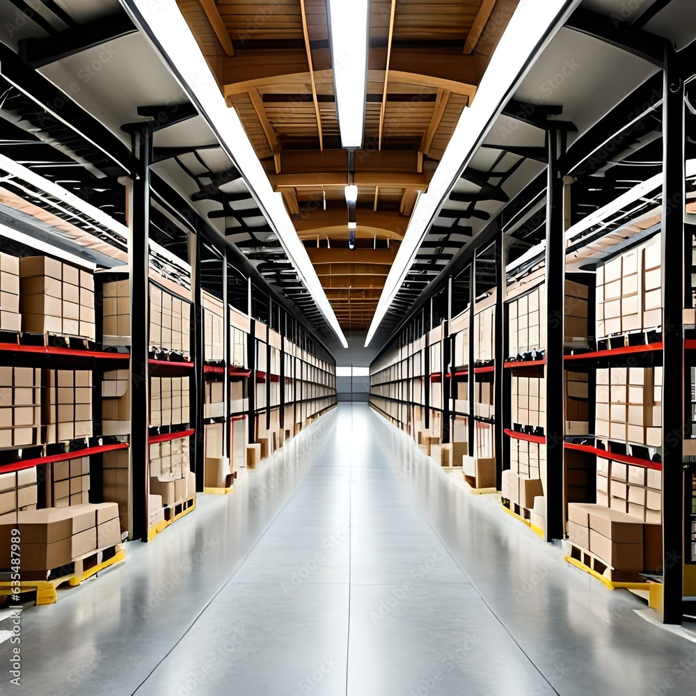 A large warehouse with numerous items. Rows of shelves with boxes. Logistics. Inventory control, order fulfillment or space optimization. Illustration for advertising, marketing or presentation AI