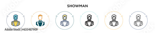 Showman icon in filled, thin line, outline and stroke style. Vector illustration of two colored and black showman vector icons designs can be used for mobile, ui, web