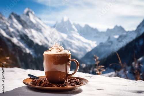 A hot cup of Arabica Robusta coffee with milk stands against the backdrop of snowy mountains. Unforgettable resort in the mountains, travel around the world. Cappuccino or latte morning drink banner