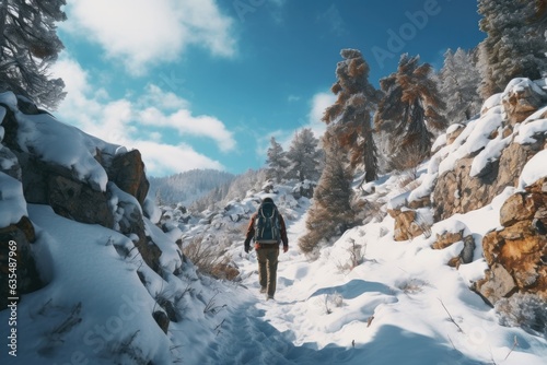 One man hiking on snowy mountain. Winter vacation 