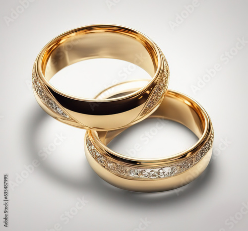 Gold wedding rings on white background.