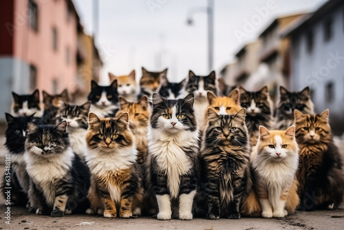 Group of mixed homeless cats waiting for feeding 