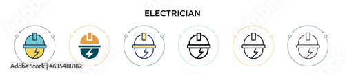 Electrician icon in filled, thin line, outline and stroke style. Vector illustration of two colored and black electrician vector icons designs can be used for mobile, ui, web