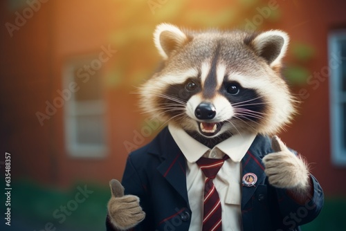 cute raccoon in school uniform with thumbs up