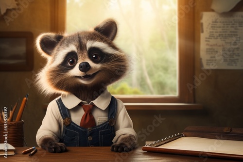 an animated raccoon sitting at a desk in glasses and a tie