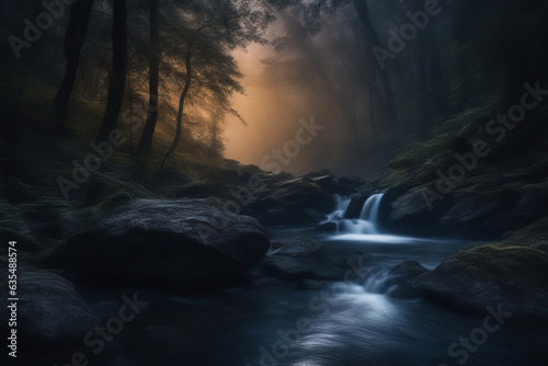 Night painted landscape a place in the forest with a small waterfall and a lake  through the fog shines the light of the rising sun