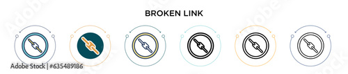 Broken link icon in filled, thin line, outline and stroke style. Vector illustration of two colored and black broken link vector icons designs can be used for mobile, ui, web