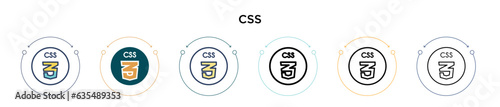 Css icon in filled, thin line, outline and stroke style. Vector illustration of two colored and black css vector icons designs can be used for mobile, ui, web
