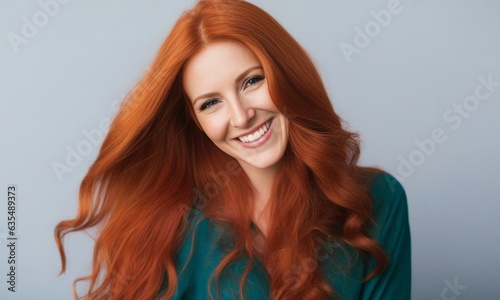 Portrait of a smiling very long red hair woman