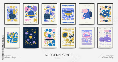Abstract space and cosmos posters template. Modern trendy Matisse minimal style. Astronomy and Stellar decor. Hand drawn design for wallpaper, wall decor, print, postcard, cover, template, banner