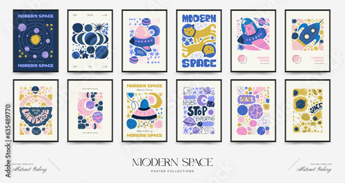 Abstract space and cosmos posters template. Modern trendy Matisse minimal style. Astronomy and Stellar decor. Hand drawn design for wallpaper, wall decor, print, postcard, cover, template, banner