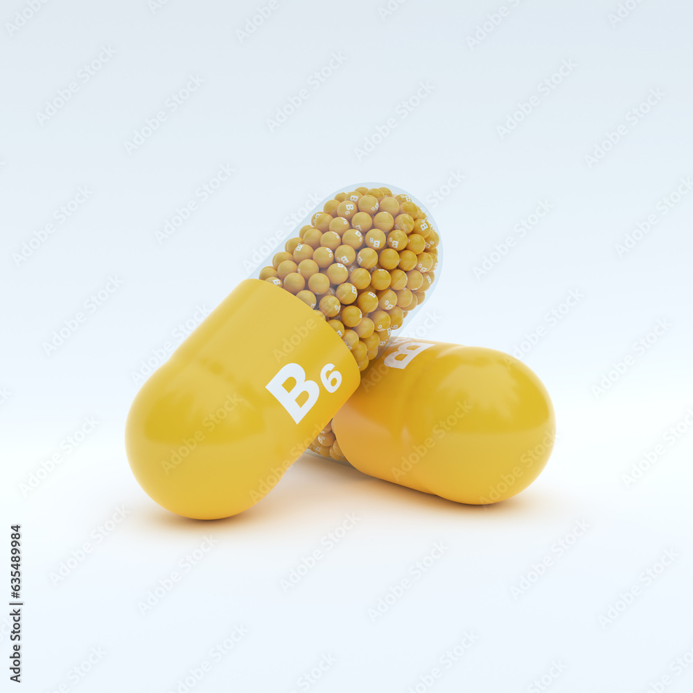 Vitamin B6 With Yellow Capsule, Granules and White Background