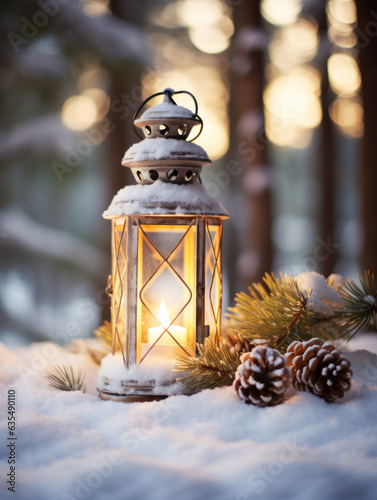 Old christmas candle lantern in snow against blurred forest background. Selective focus and shallow depth of field. © ekim