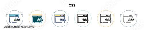 Css icon in filled, thin line, outline and stroke style. Vector illustration of two colored and black css vector icons designs can be used for mobile, ui, web