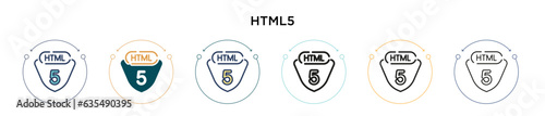 Html5 icon in filled, thin line, outline and stroke style. Vector illustration of two colored and black html5 vector icons designs can be used for mobile, ui, web