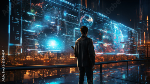 Back view of young businessman using mobile phone in futuristic city at night