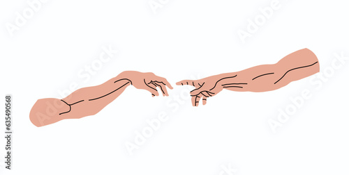 Creation of Adam. God's hand. Reach for each other. Touch with your finger. Hands in vector. Painting hands. Vector illustration. Trendy picture for clothes