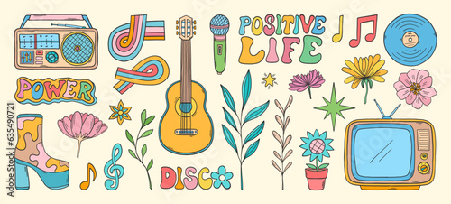 Groovy vector set. Hippie elements. 70s groovy hippie clipart. Retro groovy stickers. Psychedelic funky 60s 70s doodles. Retro cartoon guitar, tv set, radio.