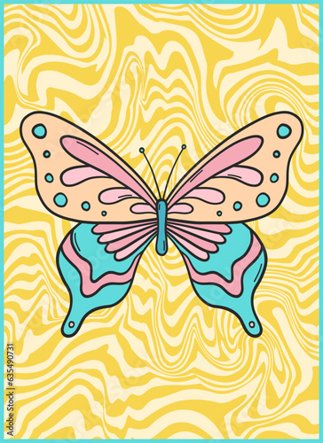 Groovy retro poster. Hippie style background. Groovy butterfly. 60s and 70s style. Psychedelic funky abstract. Groovy poster template. Nostalgia for the 70s.