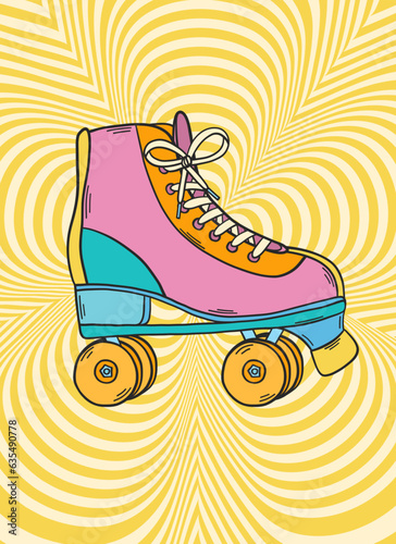 Groovy retro poster. Hippie style background. Groovy roller skates. 60s and 70s style. Psychedelic funky abstract. Groovy poster template. Nostalgia for the 70s.