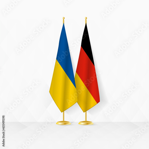 Ukraine and Germany flags on flag stand, illustration for diplomacy and other meeting between Ukraine and Germany.