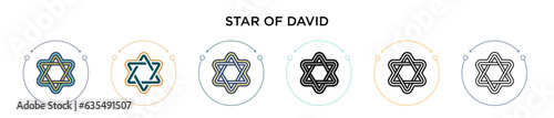 Star of david icon in filled, thin line, outline and stroke style. Vector illustration of two colored and black star of david vector icons designs can be used for mobile, ui, web