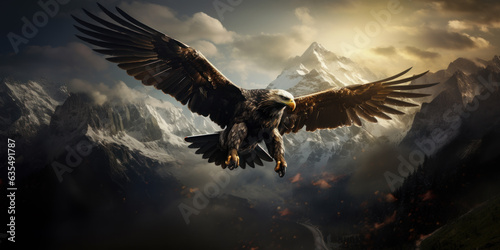 Predatory golden eagle flying over majestic mountainous valley. Generative AI © NorLife